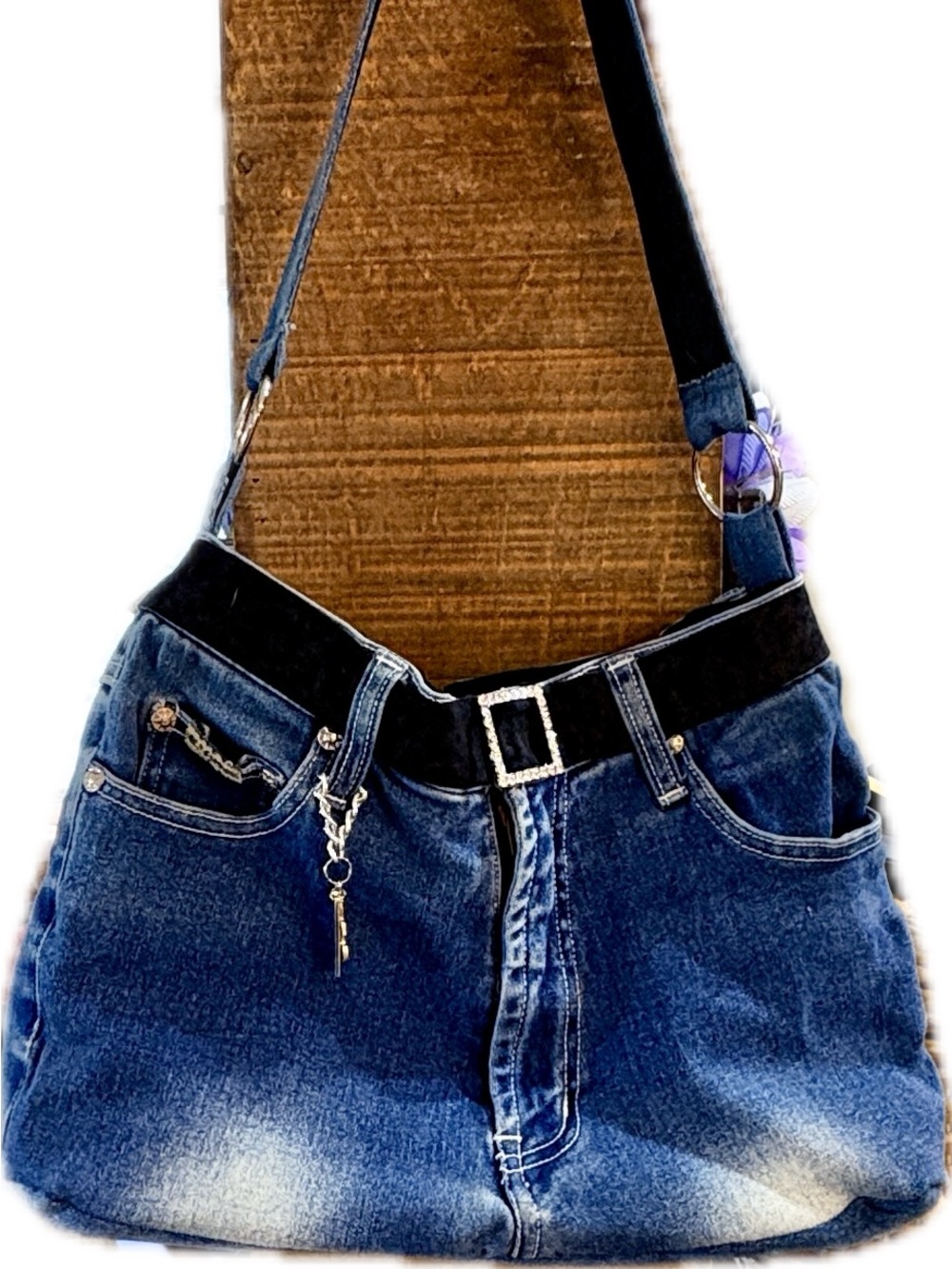 Denim Shoulder Bag in Blue - Stylish Everyday Carry with music note pendants.